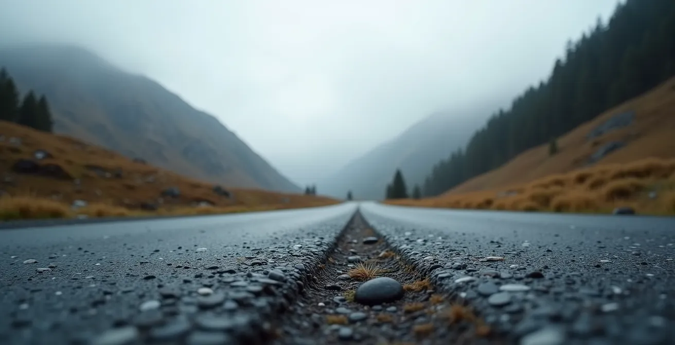 Vue environnementale d'une route de montagne sinueuse avec texture d'asphalte visible au premier plan