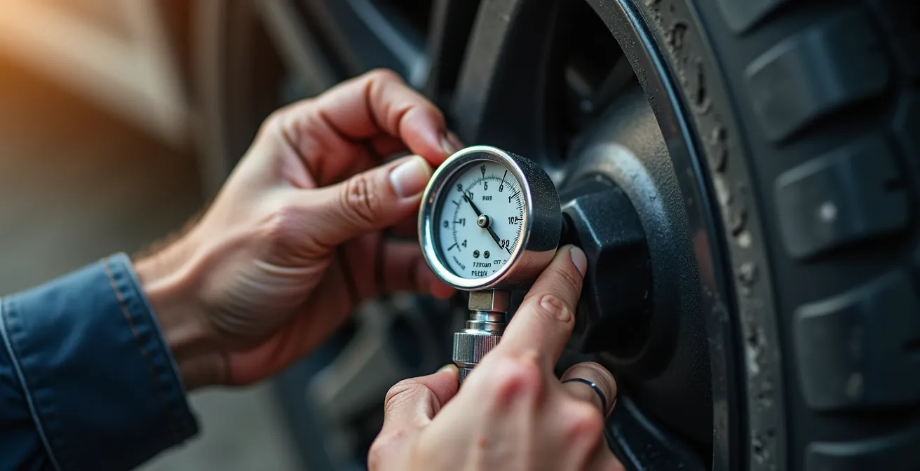 Mains vérifiant la pression d'un pneu avec manomètre professionnel