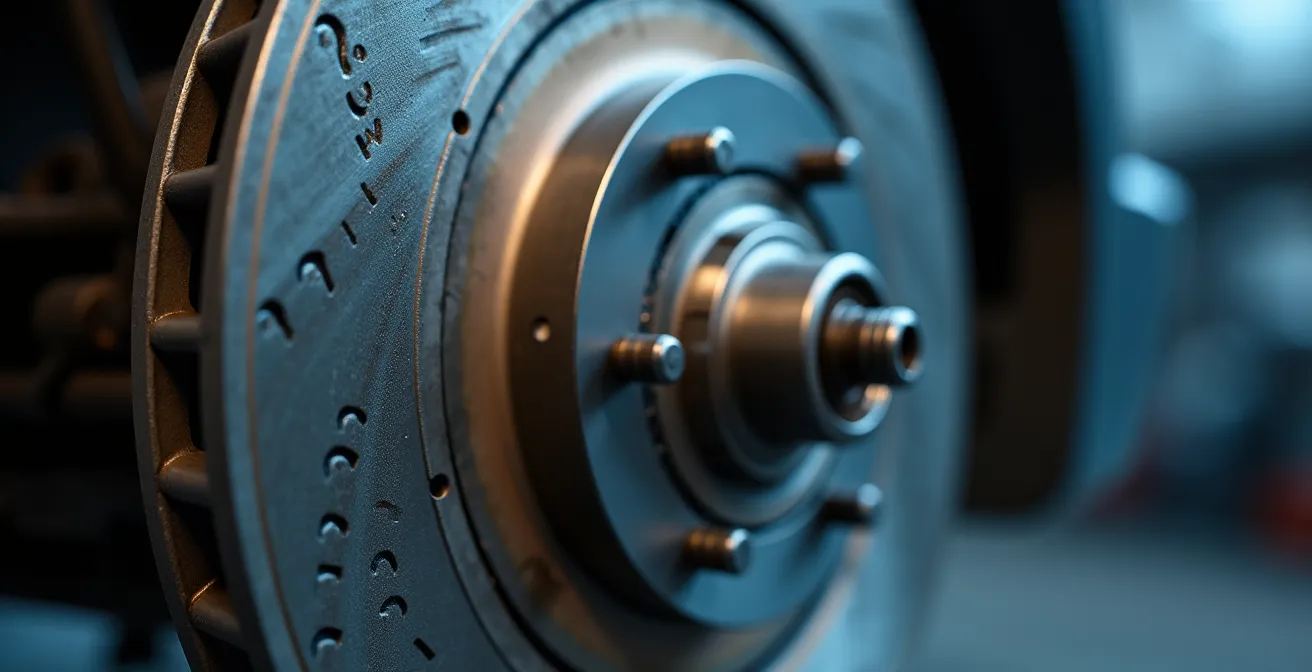 Détail macro d'un disque de frein avec capteur ABS visible en arrière-plan