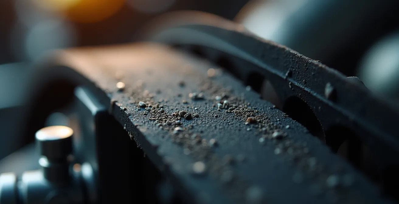 Détail macro d'une courroie de distribution montrant des signes d'usure microscopiques