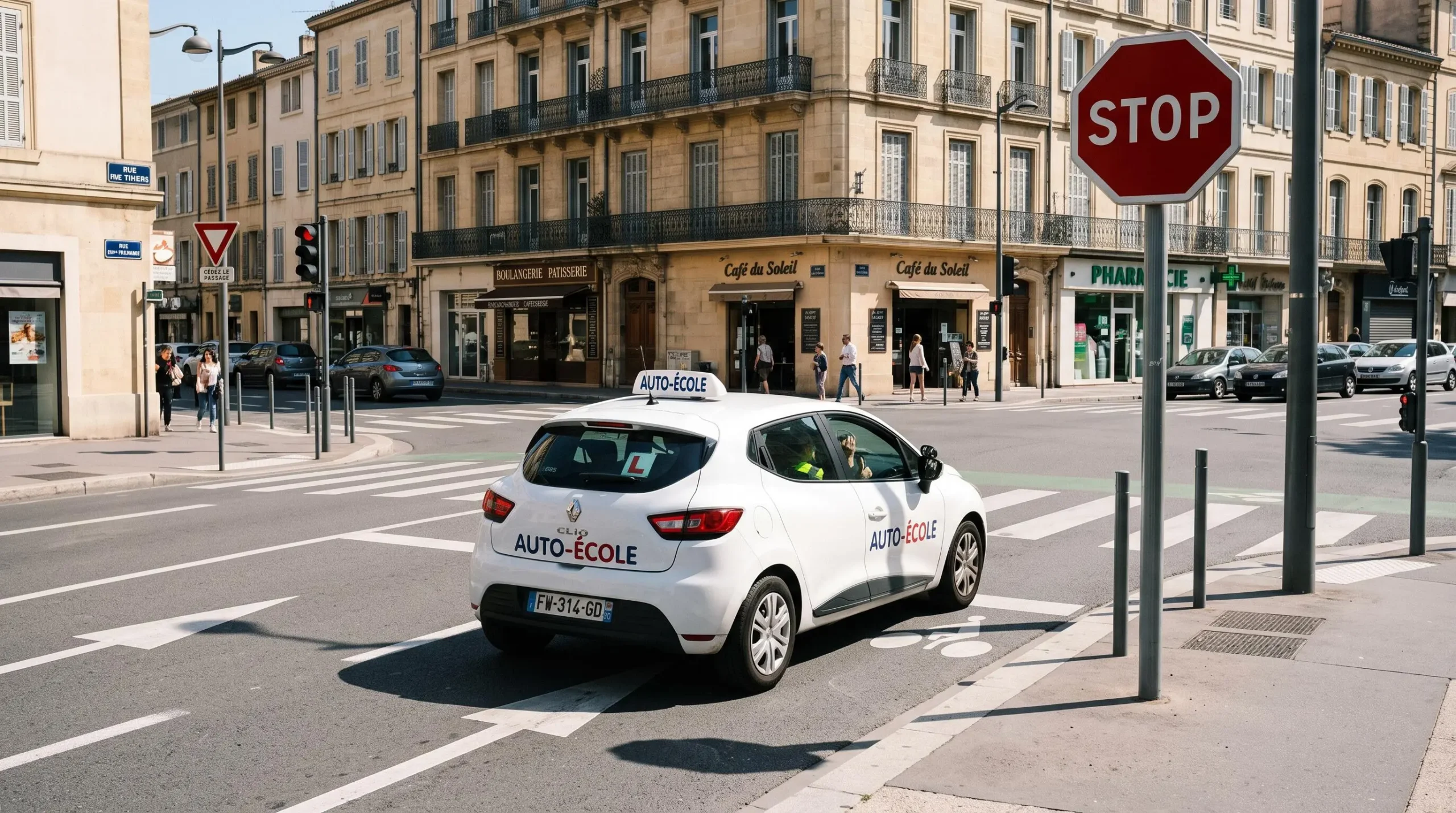 Véhicule auto-école immobilisé devant un panneau stop français en environnement urbain, illustrant le respect de l'arrêt obligatoire